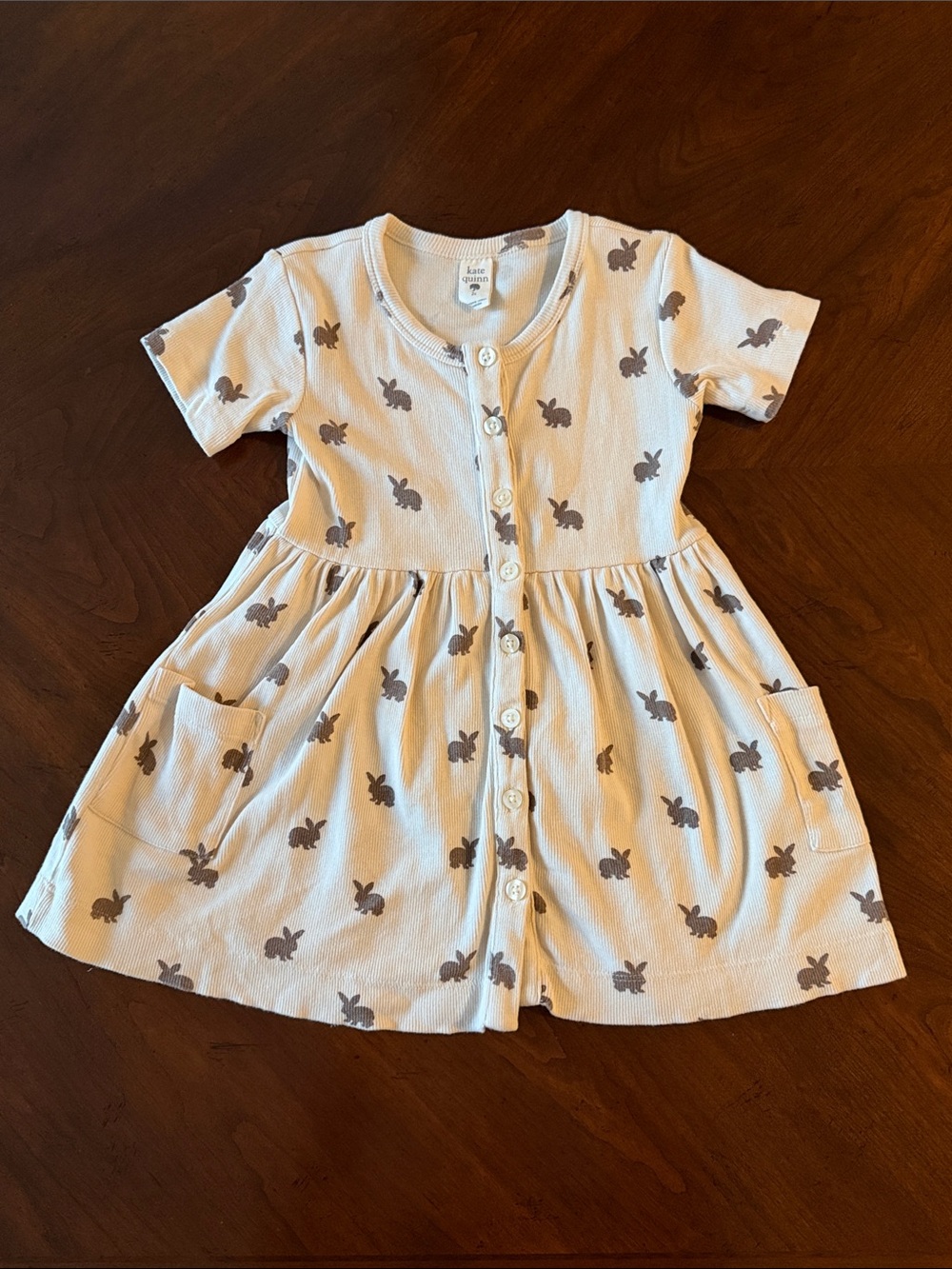 Kate Quinn Skinny Rib Girls Cream Bunny-Print Button Front Dress 2T